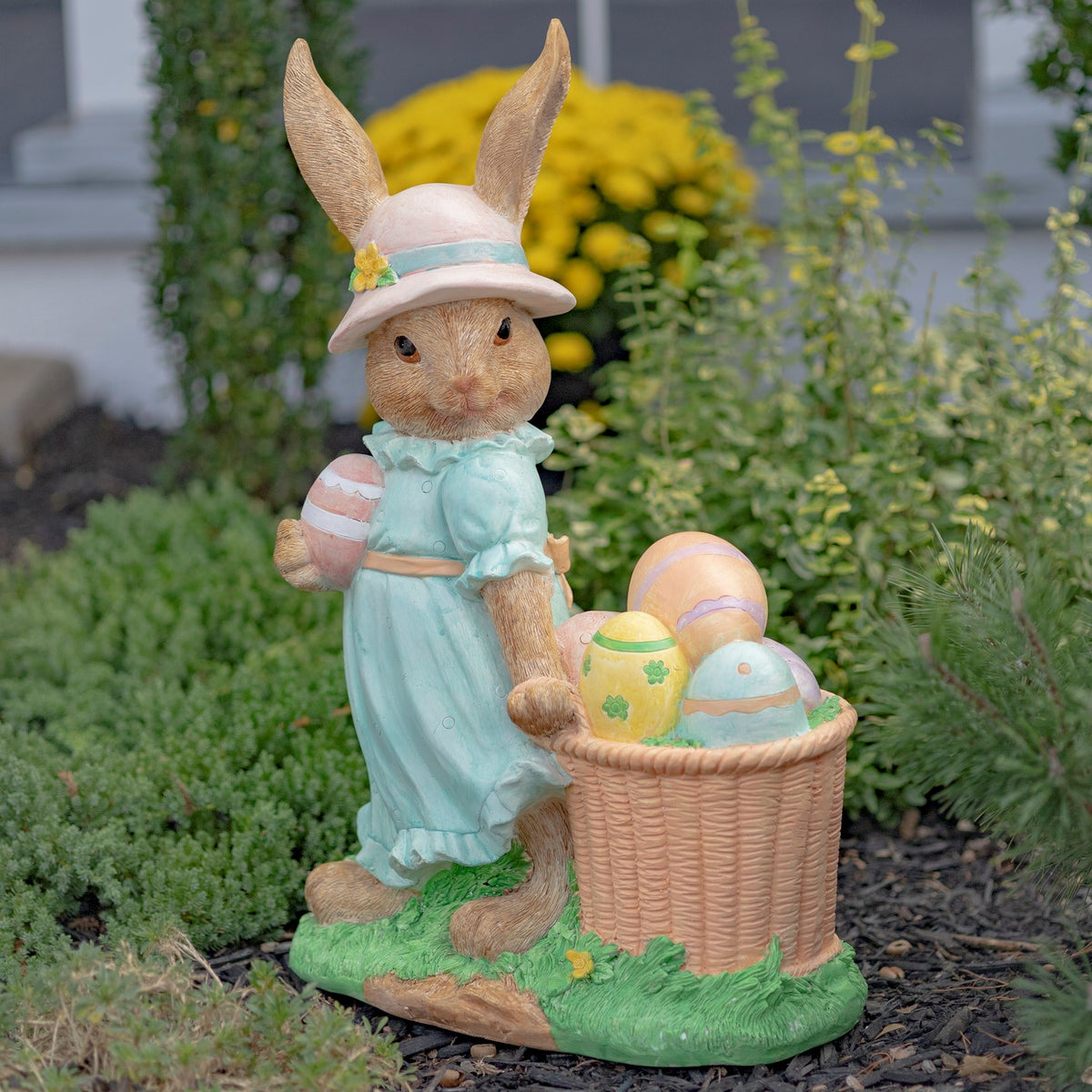 24" Tall Rabbit Garden Statue with Easter Basket & Sun Hat "Anna Mae