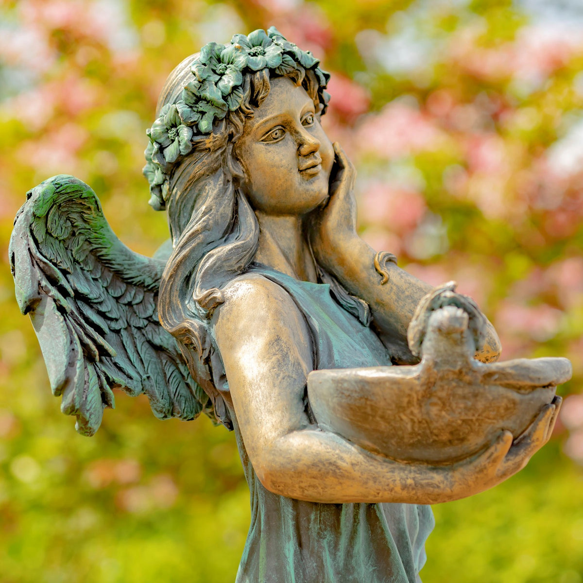39" Tall Magnesium Angel Statue with Birdbath in Antique Bronze "Jazmi