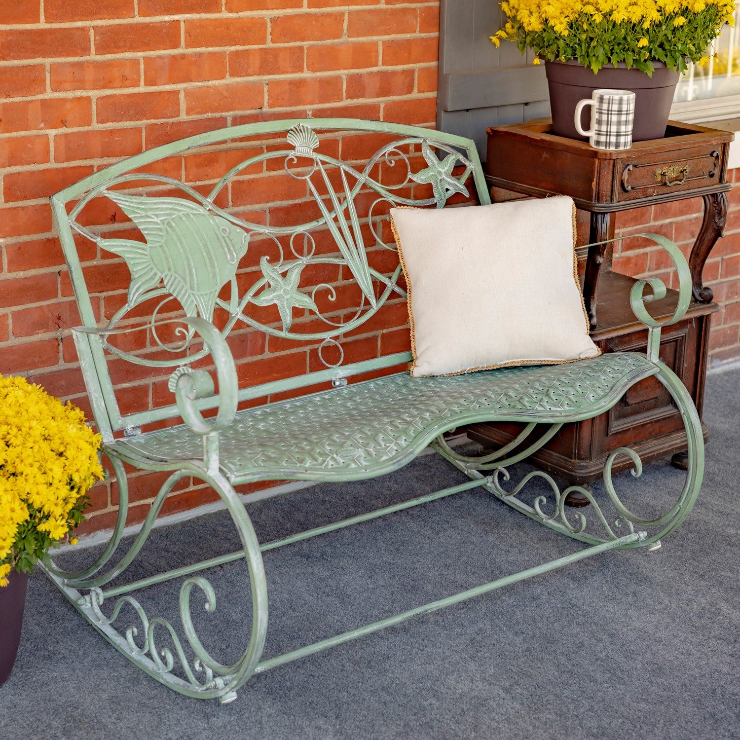 Covered Rocking Bench Coastal Sea Creature Rocking Bench in Antique Green – Garden Lovers Club