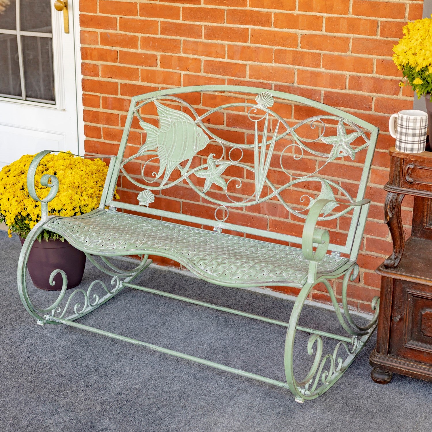 Covered Rocking Bench Coastal Sea Creature Rocking Bench in Antique Green – Garden Lovers Club