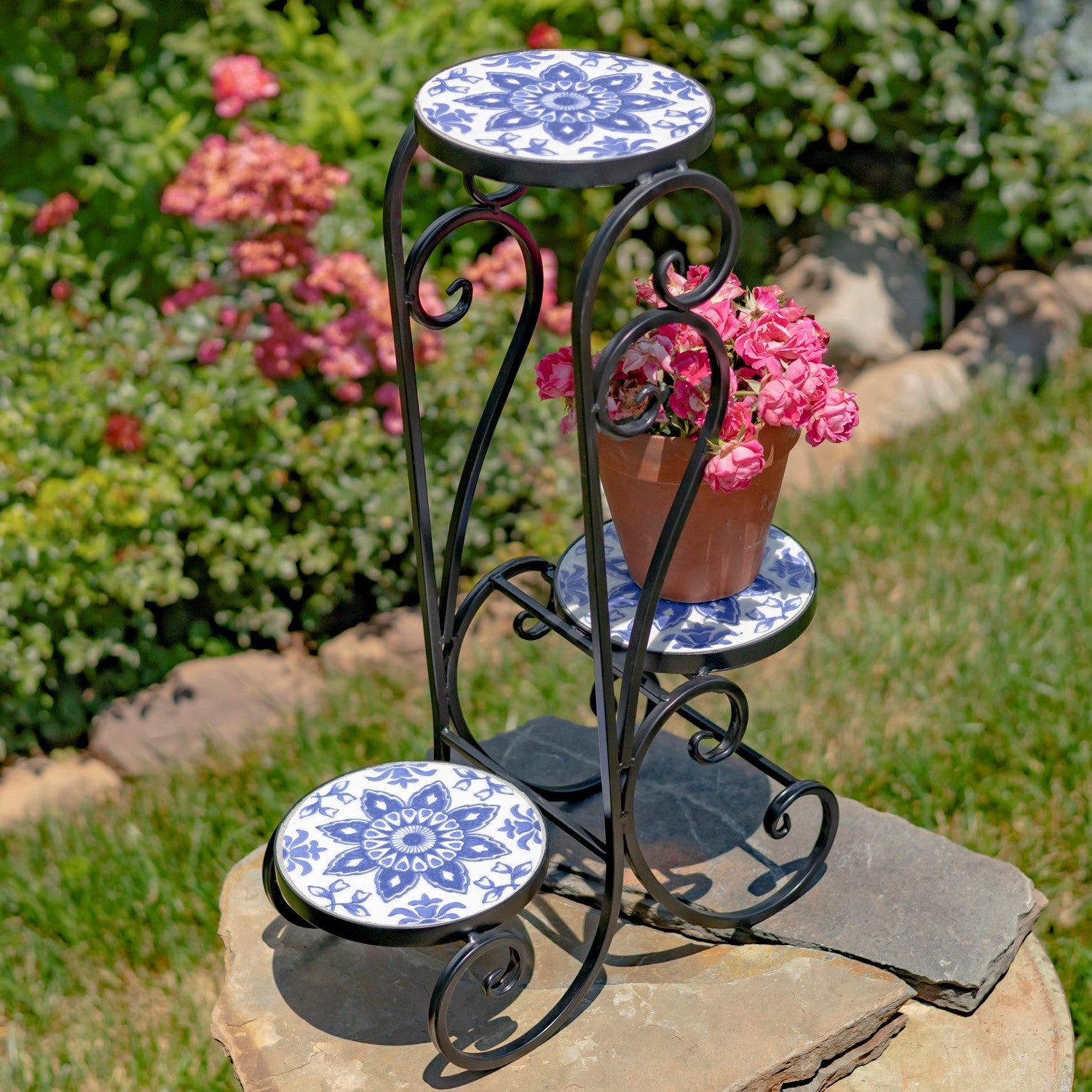 wrought iron free standing plant hanger "Denver" Three-Tier Mosaic Plant Stand