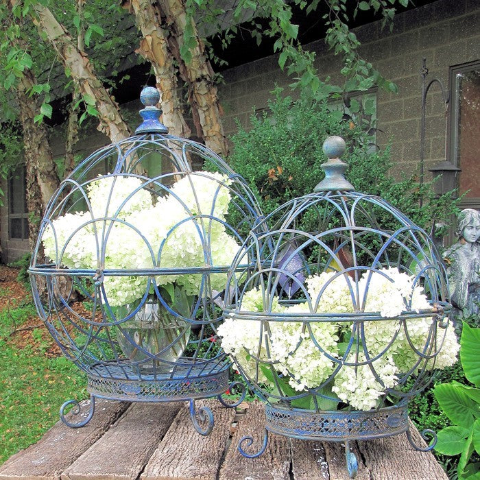 wrought iron hanging plant stands outdoor Set of 2 Iron Globe Plant Stands with Antique Blue Finish